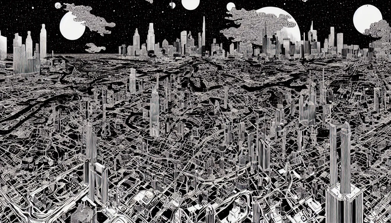 Image similar to detroit by woodblock print, nicolas delort, moebius, victo ngai, josan gonzalez, kilian eng