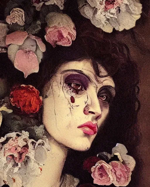 Image similar to a beautiful and eerie baroque painting of a beautiful but serious woman in layers of fear, with haunted eyes and dark hair piled on her head, 1 9 7 0 s, seventies, floral wallpaper, wilted flowers, a little blood, morning light showing injuries, delicate embellishments, painterly, offset printing technique, by robert henri, walter popp, alan lee