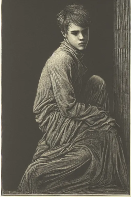 Image similar to portrait of Justin Bieber, Gustave Dore lithography