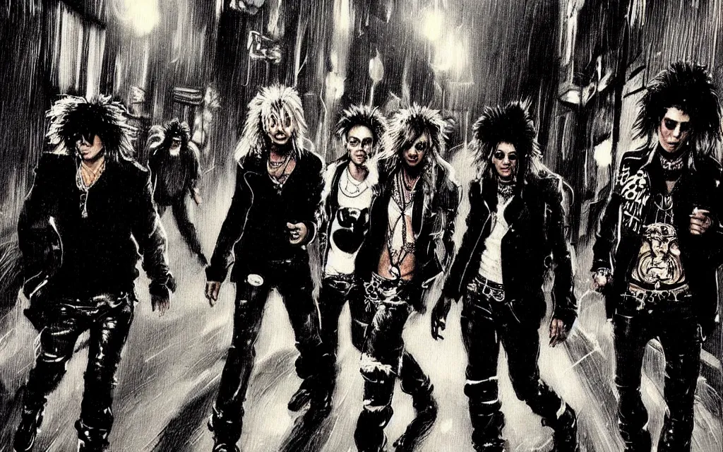 Prompt: !dream concept art, four glam rockers dressd as a mix of hooligans and whores, walking down a dark wet london alley at night, by ashley wood, by roger deakins, atmospheric