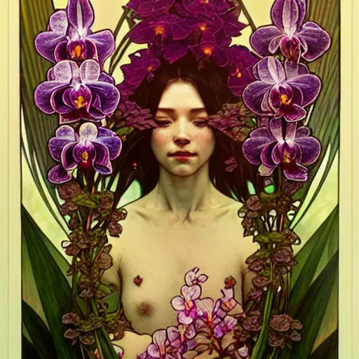 Image similar to intricate dmt orchid flower, art by collier, albert aublet, krenz cushart, artem demura, alphonse mucha