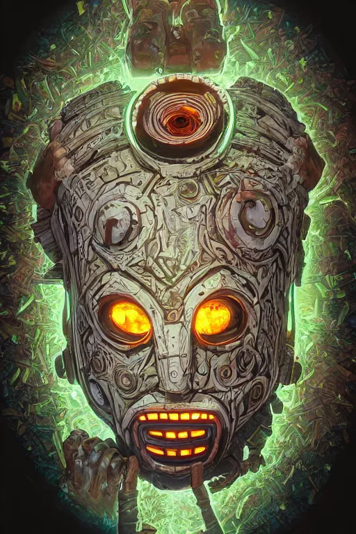 Image similar to tribal vodoo mask eye radiating a glowing aura global illumination ray tracing hdr fanart arstation by ian pesty and katarzyna da „ bek - chmiel that looks like it is from borderlands and by feng zhu and loish and laurie greasley, victo ngai, andreas rocha, john harris wooly hair cut feather stone