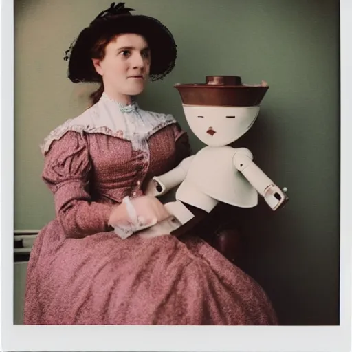 Prompt: portrait of a life size victorian female robot standing in with a human child in her care, 8 k, soft lighting, highly detailed realistic, face in focus polaroid photography