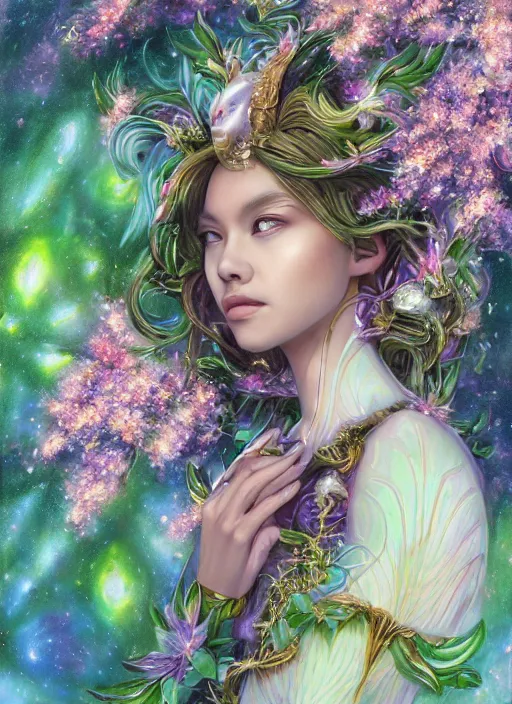 Image similar to portrait of Lalisa Manobal as a Celestial Goddess of a futuristic pearlescent holographic, inside future fighter, sci-fi, fantasy, intricate, lush garden spaceship with sakura season flowers in Kyoto Japan, elegant, human anatomy, royal green and nature light, highly detailed, digital painting, artstation, concept art, smooth, sharp focus, illustration, art by tian zi and WLOP and alphonse mucha, masterpiece, 3d blender