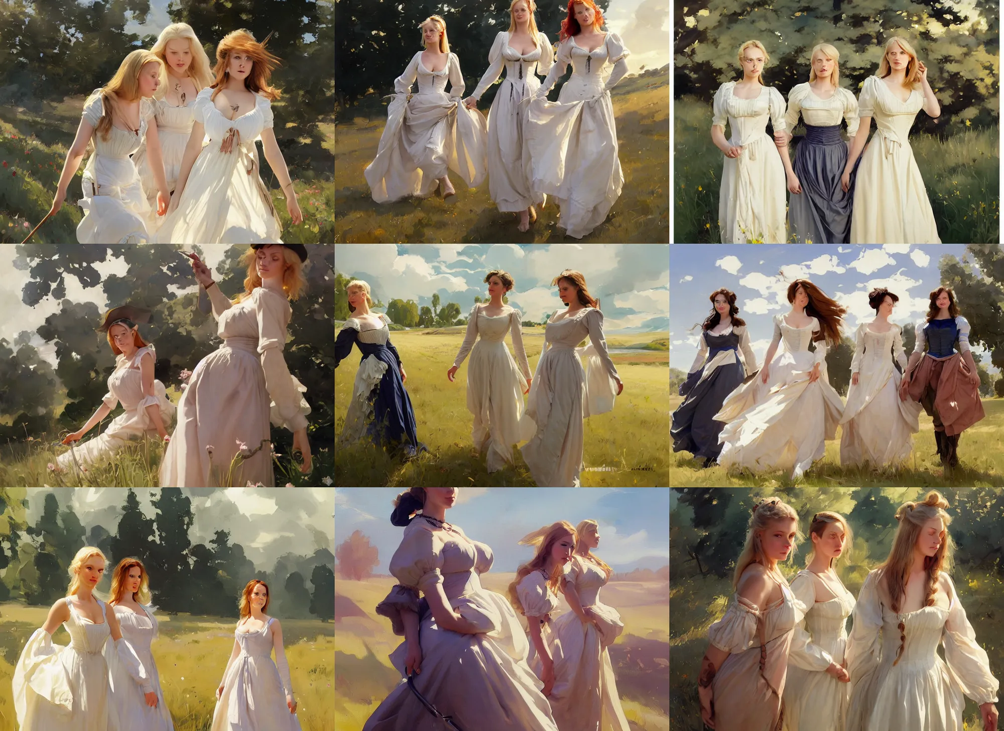 Prompt: three beautiful finnish norwegian swedish scandinavian attractive glamour models wearing 1 7 th century bodice stays gown with low neckline walking in the field in a sunny day, jodhpurs greg manchess painting by sargent and leyendecker, studio ghibli fantasy close - up shot asymmetrical intricate elegant matte painting illustration hearthstone, by greg rutkowski by greg tocchini by james gilleard