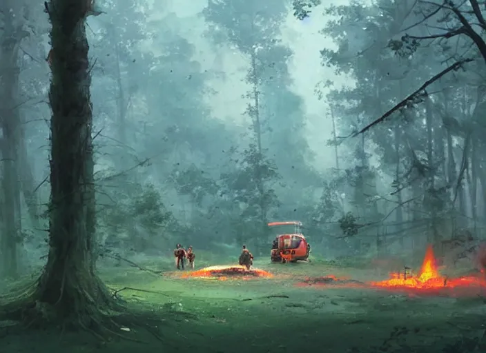 Image similar to a crash-landing sight of a spaceship in a forest on the ground, smoke in the air, debris on ground, smoke and small flame on ship. By Makoto Shinkai, Stanley Artgerm Lau, WLOP, Rossdraws, James Jean, Andrei Riabovitchev, Marc Simonetti, krenz cushart, Sakimichan, trending on ArtStation, digital art.