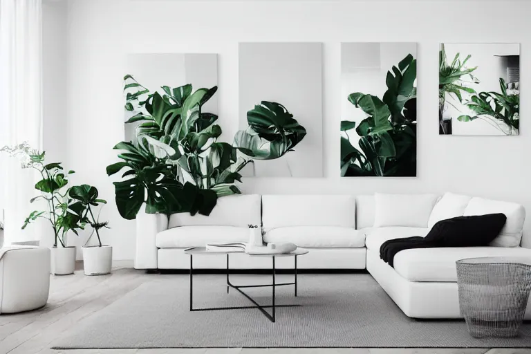 Prompt: minimalist contemporary modern design living room, cozy, calm, plants, big canvas art, hardwoord floor, white walls, highly detailed wide angle photograph, ikea style, light bloom, fabric and textiles