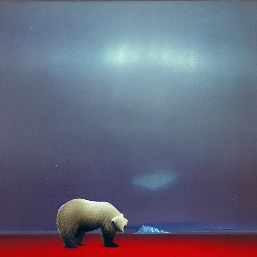 Image similar to the epic abstract painting'blue arctic void with black and red aurora borealis above a tiny polar bear family ', by caspar david friedrich!!!, by rothko!!!, stunning masterpiece, trending on artstation