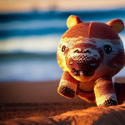 Prompt: a closeup photorealistic photograph of a cute smiling knitted tiger hippopotamus chasing a beachball at sunset. surf in the background. professional capture. this 4 k hd image is trending on artstation, featured on behance, well - rendered, extra crisp, features intricate detail, epic composition and the style of unreal engine.