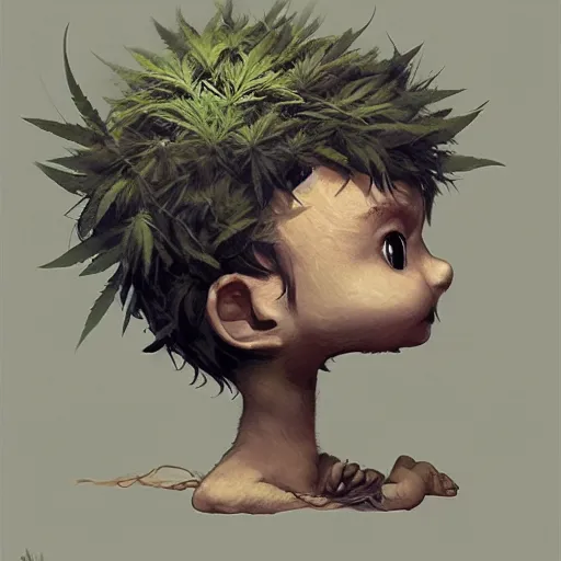 Image similar to a cute little man made of hemp, with a head in the form of a cannabis bloom, like baby grut, green skin, character, art by james jean and greg rutkowski!!, realistic face, digital art, chibi style, golden ratio, perfect composition, trending on artstation, 8 k