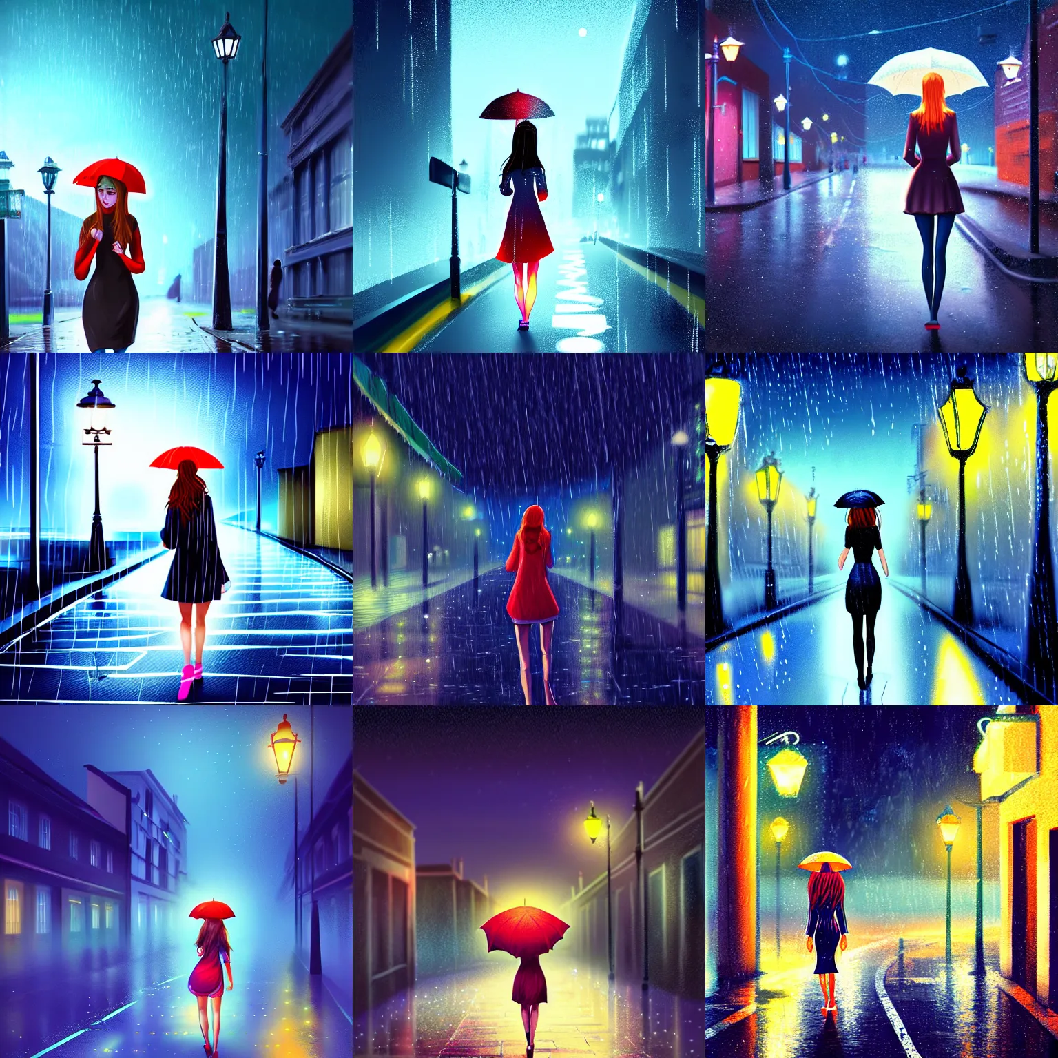 Prompt: pretty girl walking in the rain at night, modestly dressed, worn down streets in the background, clear night sky, digital art, high quality, concept art, detailed