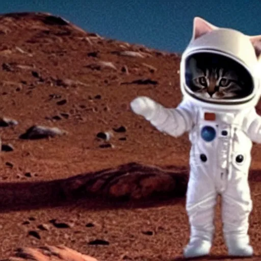 Image similar to a cat wearing a spacesuit in mars