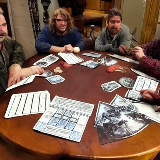 Prompt: a game of dungeons and dragons featuring 5 middle aged men 2 of whom have long hair