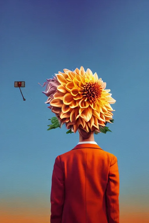 Image similar to closeup giant dahlia flower head, girl in a suit, street, surreal photography, blue sky, sunrise, dramatic light, impressionist painting, digital painting, artstation, simon stalenhag