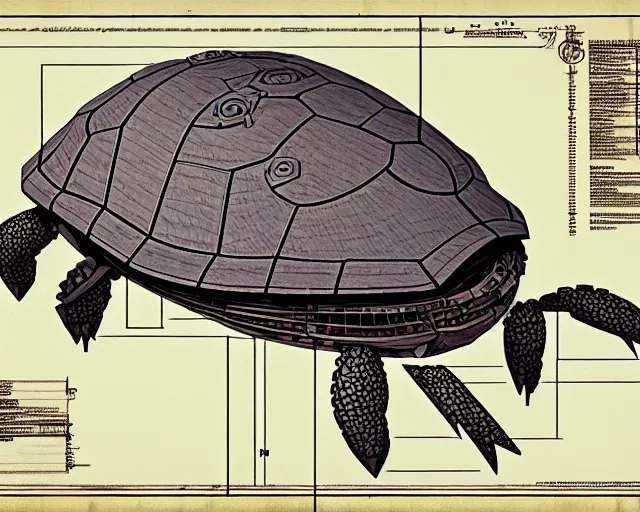 Image similar to a full page of a mechanical blueprint showing a design for a mechanized turtle from howl's moving castle ( 2 0 0 4 ), with a big head, muted colors, post grunge, studio ghibli, hq,