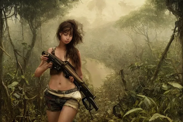 Image similar to artstation concept of a beautiful adventurous girl holding a .45 revolver, sweaty skin, symmetrical face, high body detail, ripped up field fatigues, torn off shirt, jungle background with ruins, vines, hyperdetailed, artstation trending, world renowned artists, worth1000.com, cgsociety, by greg rutkowski, by Gustave Doré, by Marco Turini, by Artgerm, Deviantart in the style of Tom Bagshaw, Cedric Peyravernay, Peter Mohrbacher