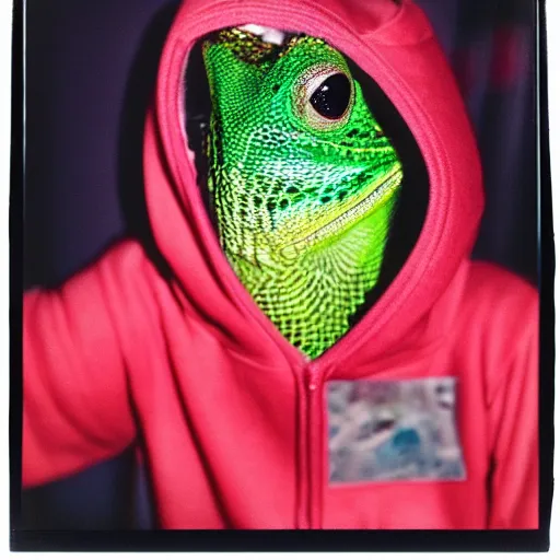 Prompt: lizard wearing hoodie, with polaroid camers, 8 0 s, polaroid photo, by warhol,