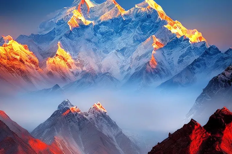 Image similar to amazing landscape photo of Himalayas by marc adamus, beautiful, dramatic lighting