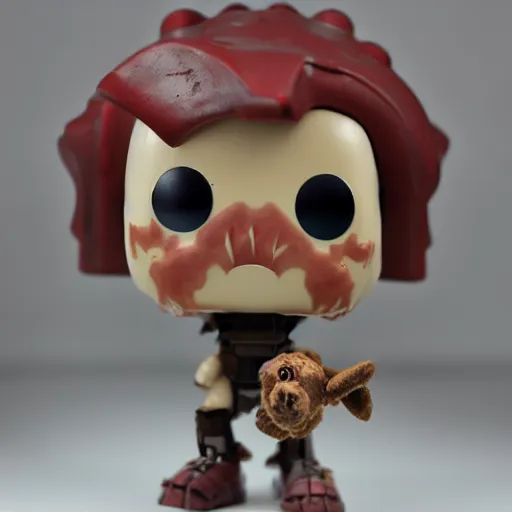 Prompt: funko pop doll of a terrifying lovecraftian giant mechanized attack dog taken in a light box with studio lighting, some background blur