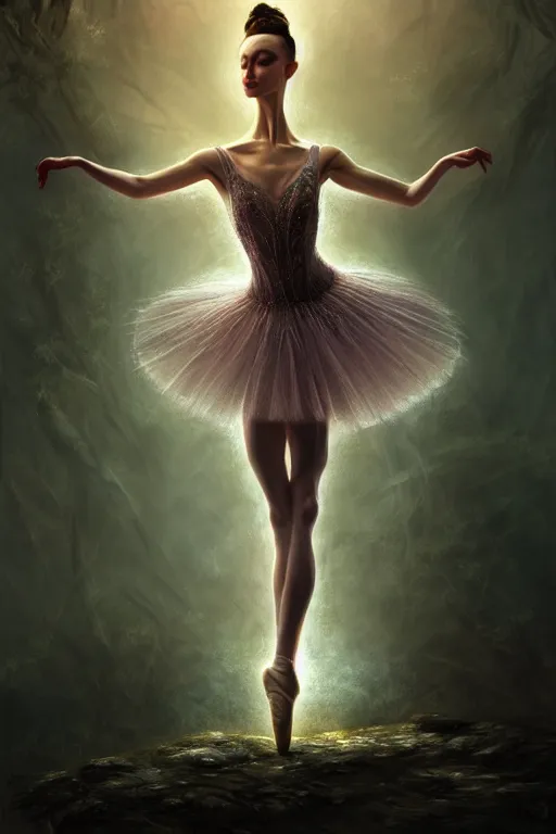 Image similar to prima ballerina, gorgeous, ethereal, intricate, elegant, volumetric lighting, nature scenery, digital painting, highly detailed, artstation, sharp focus, illustration, concept art, clive barker