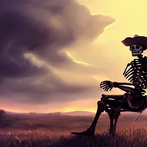 Prompt: a wounded skeleton cowboy watching a sunset, concept art, DeviantArt, art station, illustration, highly detailed, artwork, cinematic, hyper realistic