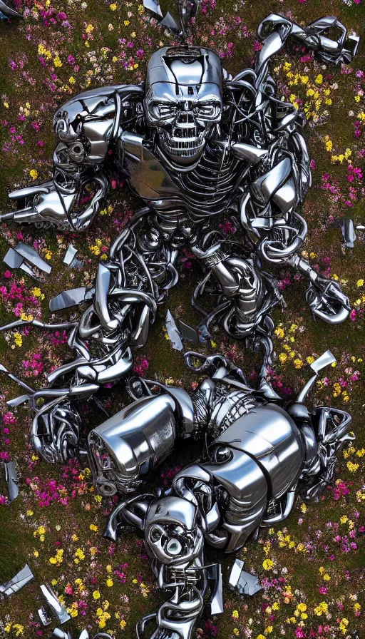 Image similar to destroyed terminator lying in a field of flowers, twisted metal, chrome, reflections, anthropomorphic, photorealism, smoke, metal, 8 k, surreal, wires, smooth, sharp focus, top view, extremely detailed, hyperrealism, elegant, establishing shot, by jeff koons, artgerm and greg rutkowski