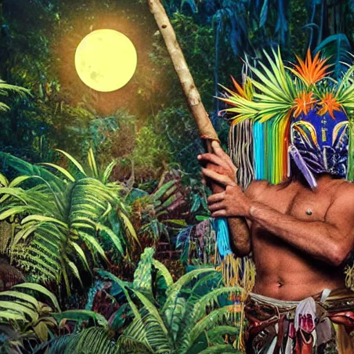 Prompt: single spartan in amazonian jungle surrounded by cactus with a shaman offering peyote with a camp fire on a full moon with stars