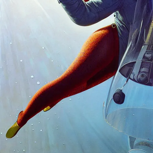 Image similar to woman in flight suit plunging into an abyss, bubbles, currents, dyson sphere, wet reflections, prism, atmospheric, ambient, pj crook, syd mead, livia prima, artgerm, greg rutkowski, nick alm, casey baugh