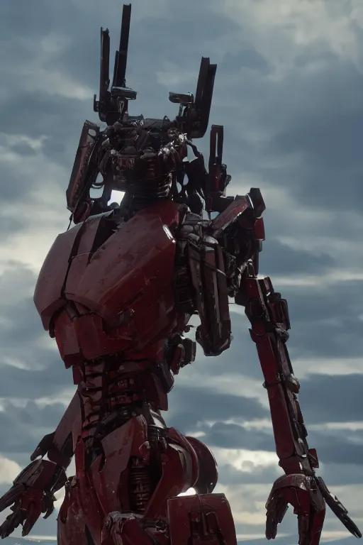 Image similar to a cinematic still from Westworld, red mech, armored core, octane render, nvidia raytracing demo, masterpiece