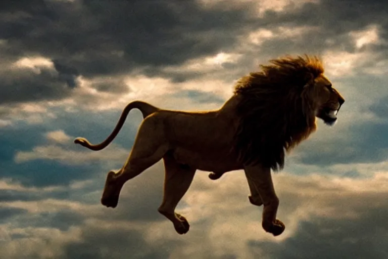 Prompt: cinematic shot of a lion flying in the sky, Steven King movie adaptation