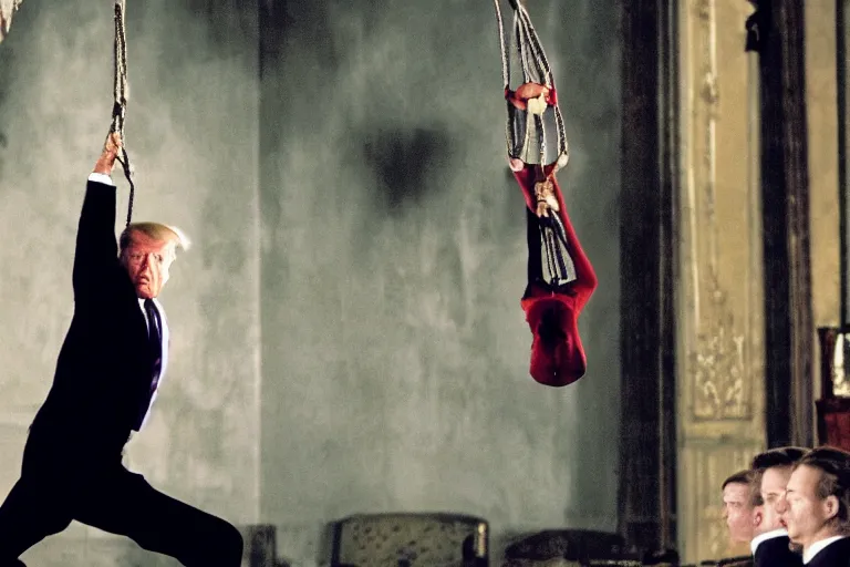 Image similar to movie still of donald trump in mission impossible, hanging from the ceiling, photograph, tv show, cinematic