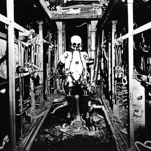 Prompt: old black and white photo, 1 9 1 3, depicting biomechanical aliens inside vats in a derelict tech lab, technicians in hazmat suits, historical record