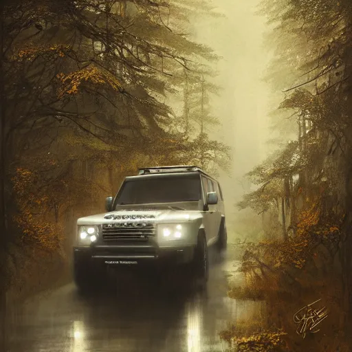 Prompt: a landrover crossing the a forest path while its raining, digital art, artstation, photgraphy, highly detailed, digital painting, artstation, concept art, sharp focus, illustration, art by greg rutkowski and artgerm