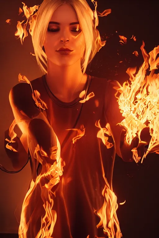 Prompt: gorgeous young blonde woman playing with flames coming out of her skin wearing a t-shirt, realistic, high definition, many details, dramatic scene, symmetrical face, realistic eyes, cyberpunk art 2077