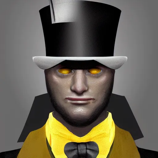 Image similar to a highly detailed portrait of a man in a high top hat covering his face, in a black tailcoat with a yellow waistcoat under the tailcoat, artstation, deviantart, professional, unreal engine 5, photorealistic