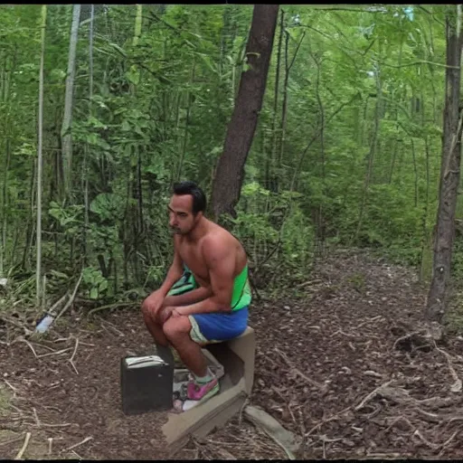 Prompt: trail cam footage of xavi hernandez getting caught taking a dump