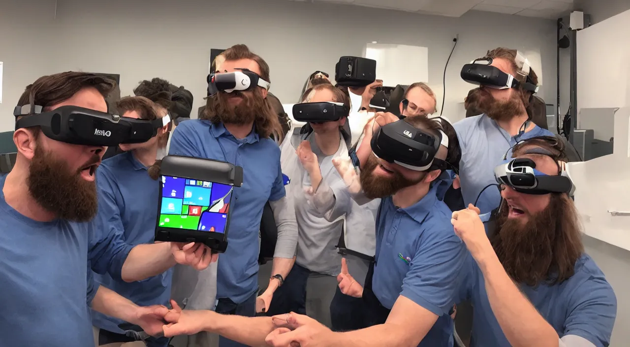 Prompt: Jesus Christ teaching his disciples how to install Windows 11 using VR. Photo realistic.