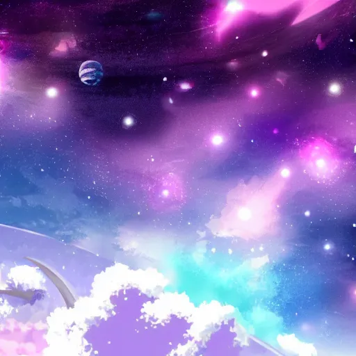 Image similar to anime style hd wallpaper of outer space horizon, glittering stars scattered about, lilac colors