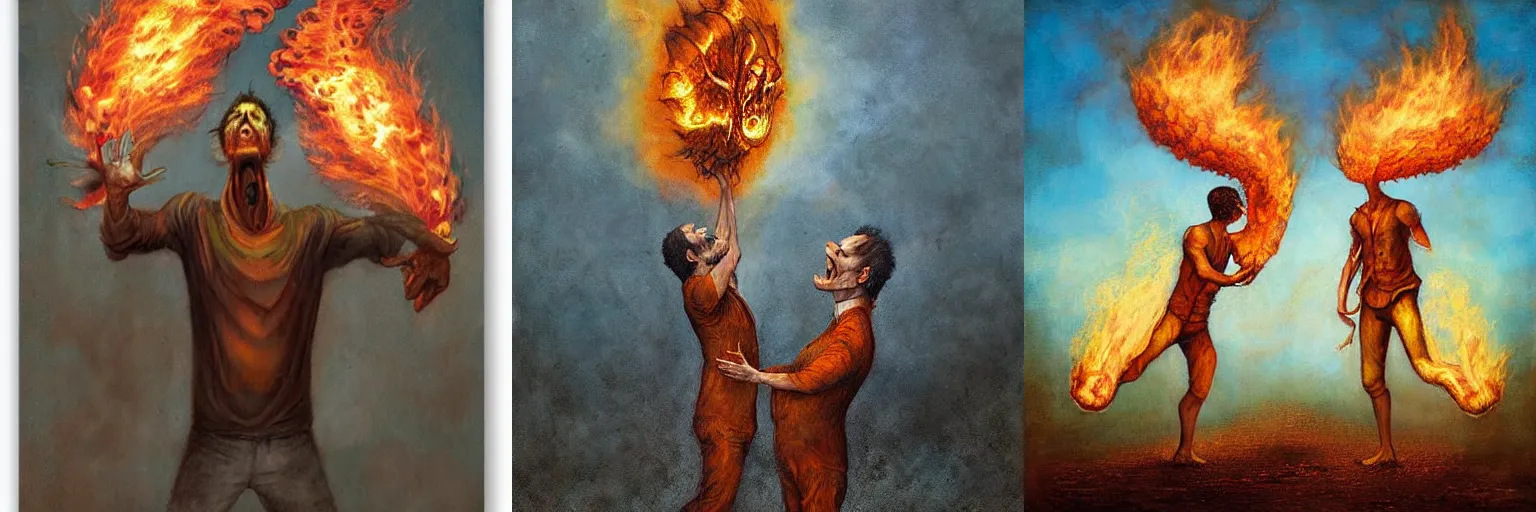 Prompt: a 2 headed man breathing fire by Esao Andrews