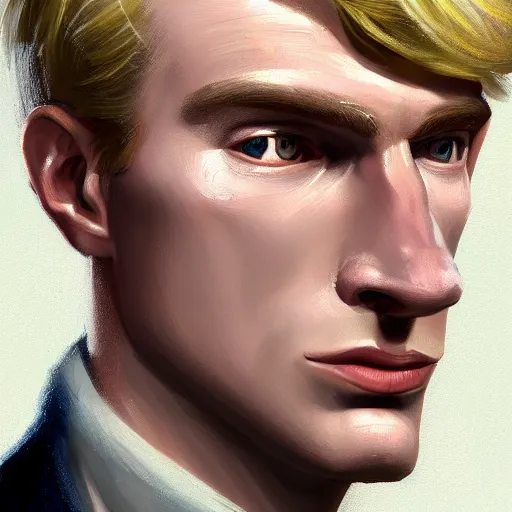 Image similar to A Crusader Kings II portrait of a blond young English man with high cheekbones. Good bone structure. Dressed in 1940s style. Highly detailed, fine Art, high detail, great lighting, 8k resolution, masterpiece, concept art, illustration, clear eyes, painting oil on canvas, octane render, HDR, trending on artstation, 4k, 8k, HD