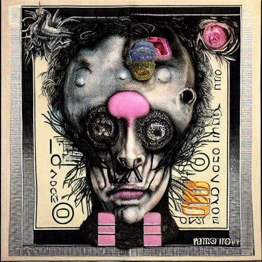 Image similar to post - punk new age album cover, asymmetrical design, frame of a dollar bank notes, capitalism, magic, apocalypse, psychedelic, black white pink, magic, giger h. r., giuseppe arcimboldo