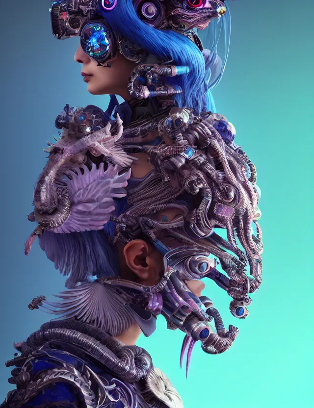 Image similar to 3 d goddess close - up profile portrait cyberpunk with ram skull. beautiful intricately detailed japanese crow kitsune mask and clasical japanese kimono. betta fish, jellyfish phoenix, bio luminescent, plasma, ice, water, wind, creature, artwork by tooth wu and wlop and beeple and greg rutkowski