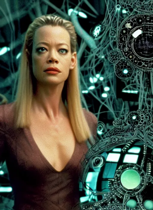 Image similar to 35mm portrait of Jeri Ryan as an intricate and sophisticated borg with eye implant, on the background of a weird magical mechanical forest. Round gears visible inside her hear. Very detailed 8k. Fantasy cyberpunk horror. Sharp. Cinematic post-processing