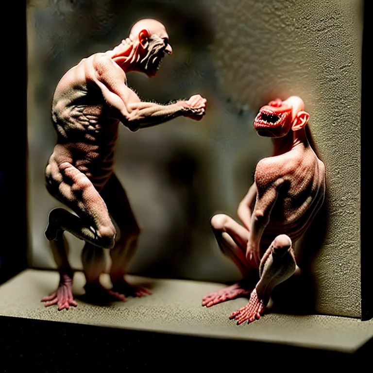 Image similar to laboratory miniature creature in pain and anger and revange by Christopher Soukup, David Fincher, Dan Witz, Gregory Crewdson, Huleeb, Lee Griggs, Mike Nash, Paul Chadeisson, Stephen Shore, sideshow collectibles, Terry Richardson, Vitaly Bulgarov