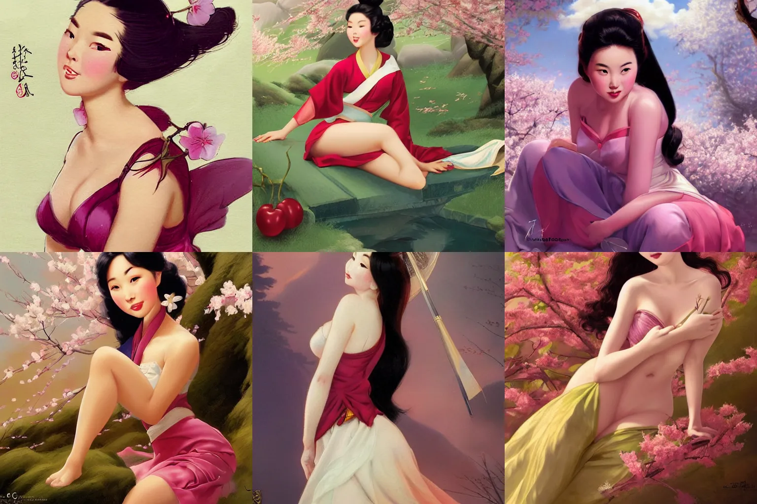 Prompt: portrait of a young curvaceous mulan, dreamy and ethereal, cherry blossoms, expressive pose, peaceful but flirty expression, elegant, highly detailed, digital painting, artstation, concept art, smooth, sharp focus, by gil elvgren by harry ekham