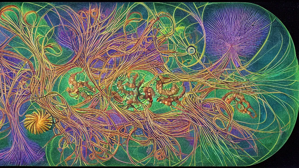 Image similar to quantum connections represented as symbiotic organisms like cells playing around with colorful lights by ernst haeckel, smooth, sharp, realistic