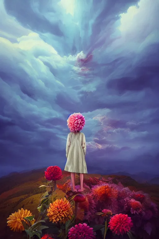 Image similar to closeup girl with giant dahlia flower as head, standing on mountain, surreal photography, blue storm clouds, dramatic light, impressionist painting, digital painting, artstation, simon stalenhag