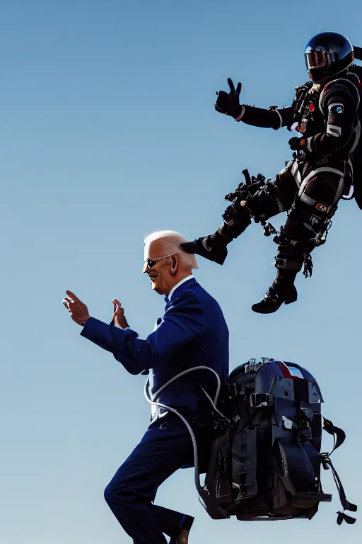 Image similar to joe biden flying with jet pack, high resolution, photorealistic, cinematic, smooth, 4 k, aesthetic lighting, baroque object, sharp focus, hyperdetailed, featured face details, tumblr trending, with small object details, professional photography work and winning pullitzer winning photo by : canon eos 5 d mark iv, by karah mew and adnan abidi and jodie bateman