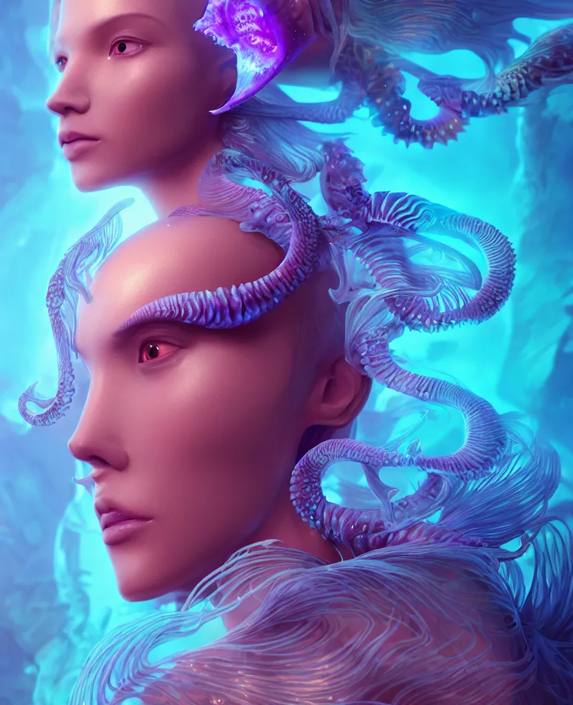 Image similar to goddess close-up portrait. chimera orchid jellyfish phoenix head, nautilus, skull, betta fish, bioluminiscent creatures, intricate artwork by Tooth Wu and wlop and beeple. octane render, trending on artstation, greg rutkowski very coherent symmetrical artwork. cinematic, hyper realism, high detail, octane render, 8k