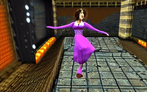 Image similar to Kate Bush in an ornate dress in Tony Hawk's Pro Skater 3, gameplay screenshot